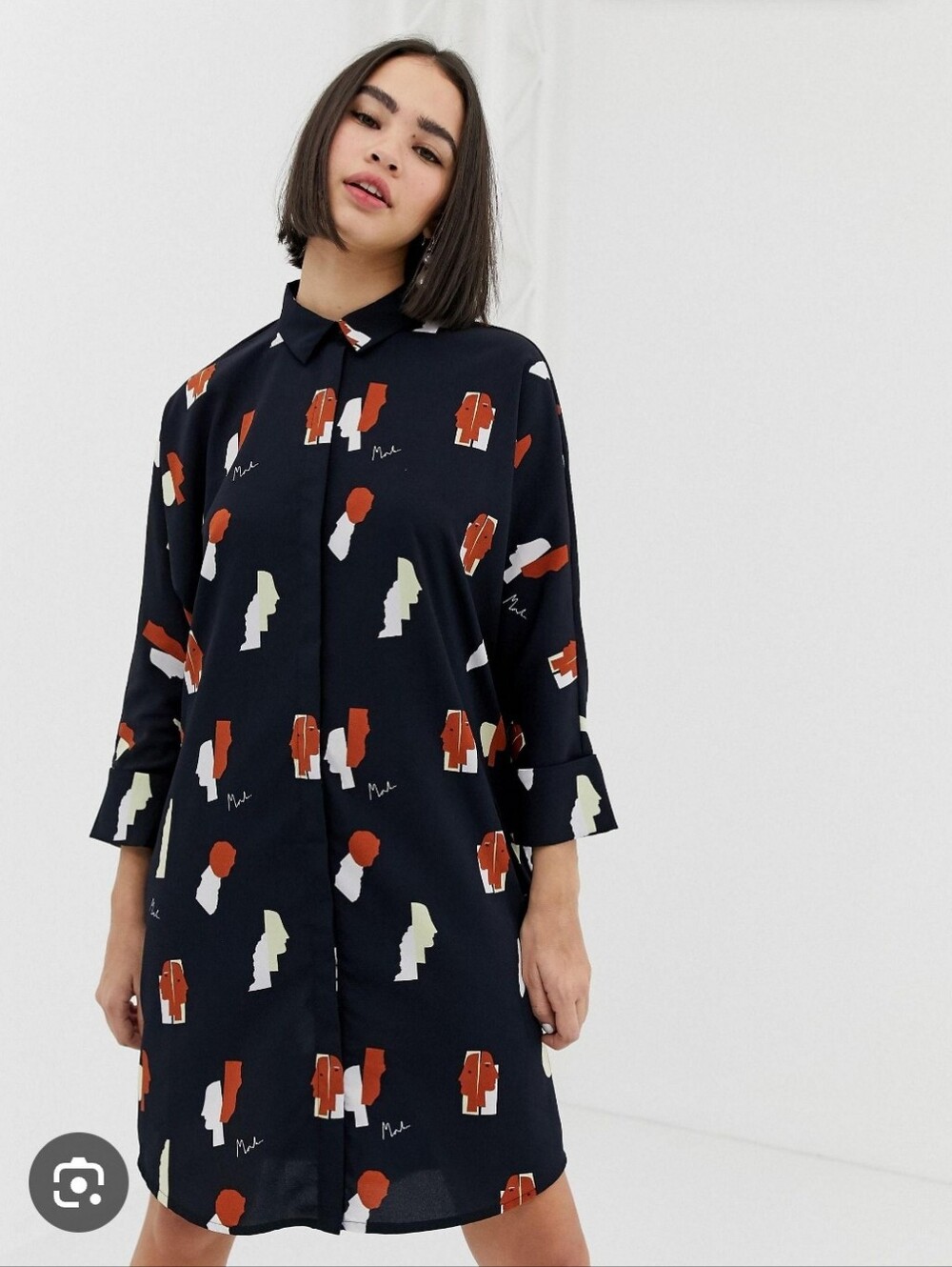 Monki Blue Mini Shirt Dress with Cream and Rust Graphic Prints